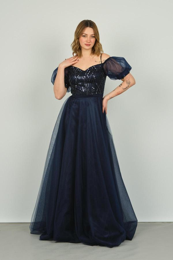 Saygın Kadın Balon Kol Askılı Pul Payetli Tül Uzun Abiye Elbise 3488 Lacivert - Image 1