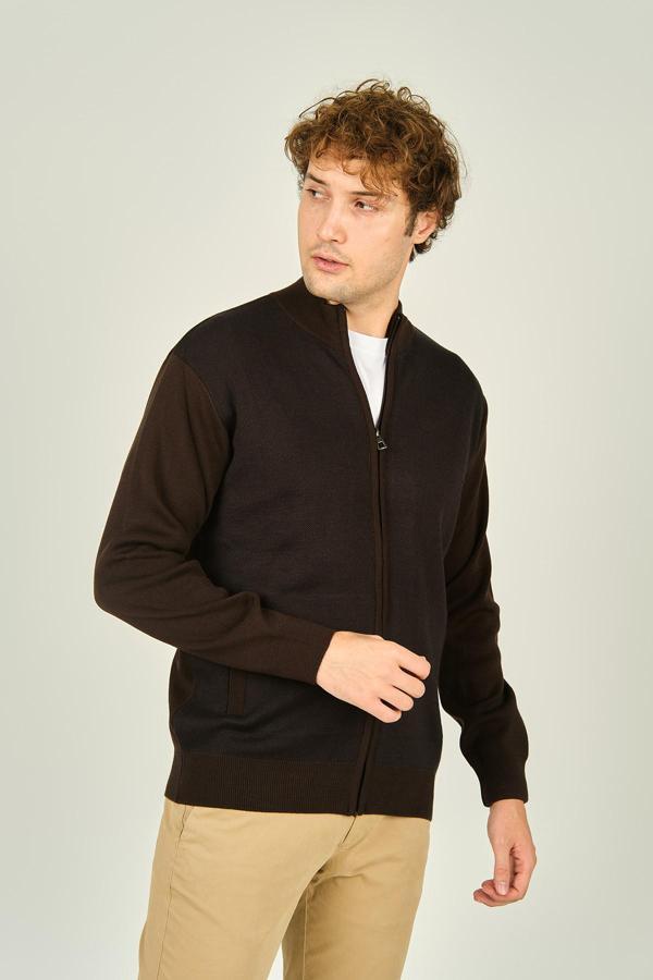 Ateş Triko Erkek Fermuarlı Cep Detaylı Hakim Yaka Yün Hırka 4491 Kahverengi - Image 1