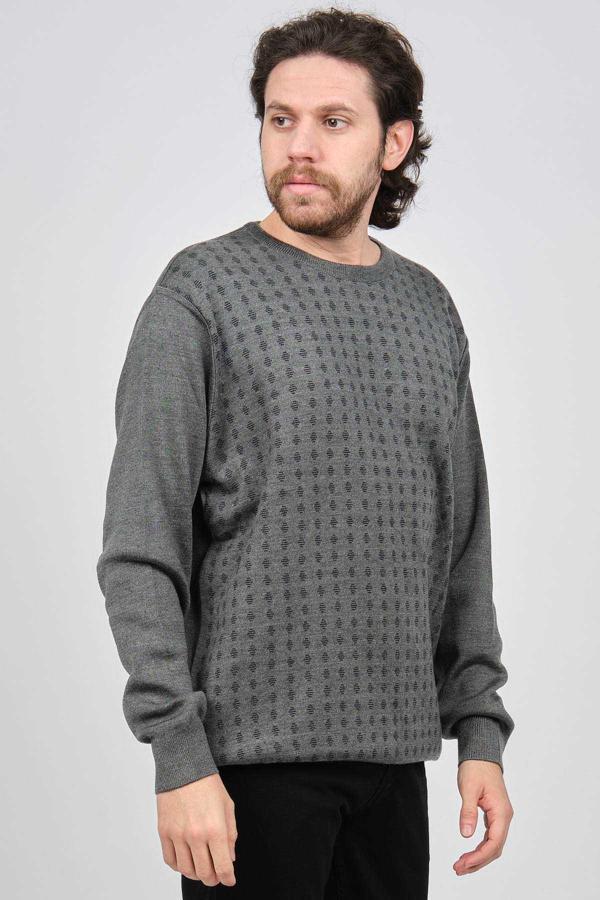 Çizgi Triko Erkek Bisiklet Yaka Desenli Kazak 425554216 Gri - Image 1