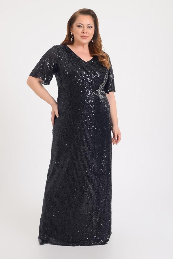 Lilas XXL Kadın Büyük Beden Pul Payetli V Yaka Uzun Abiye Elbise 9646 Siyah - Image 1