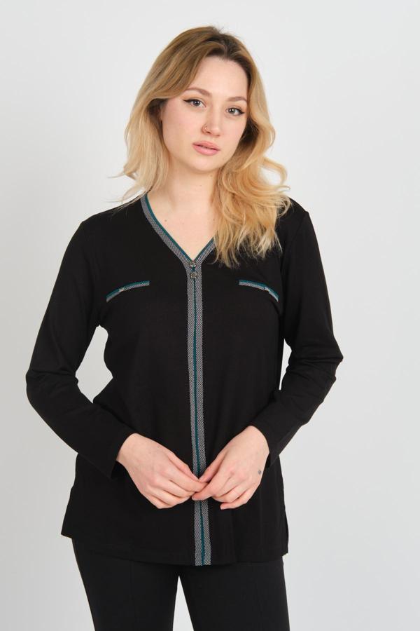 Detay Triko Kadın Süs Cepli Toka Detaylı Uzun Kol Anne Bluz 5717 Siyah - Image 1