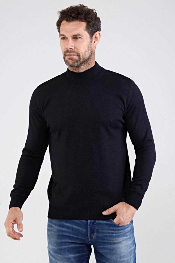 Çizgi Triko Erkek Sıfır Yaka Pamuklu Triko Kazak 4454B Lacivert - Image 1