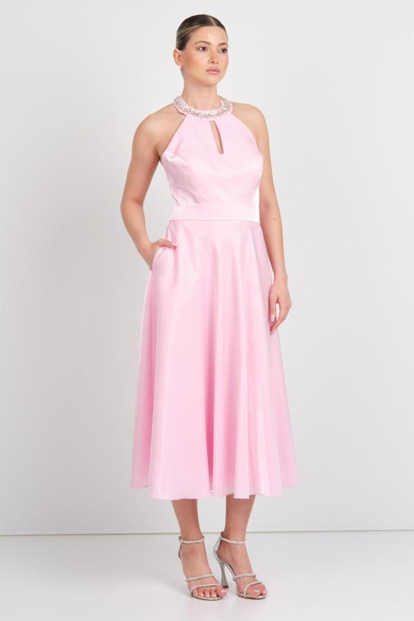 Saygın Kadın Halter Yaka Saten Midi Abiye Elbise 5624 Pembe - Image 1