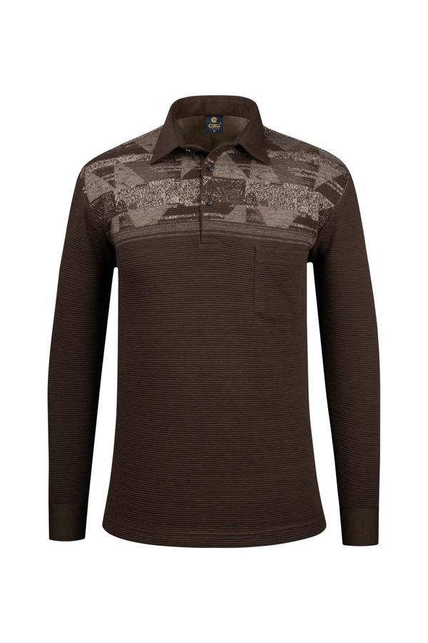 Çizgi Triko Erkek Uzun Kollu Desenli Gömlek Yaka Kol Manşetli Cepli Sweat 5026 Kahverengi - Image 1