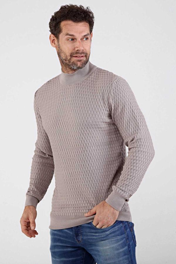 Çizgi Triko Erkek Yarım Balıkçı Yaka Pamuklu Triko Kazak 4653B Bej - Image 1