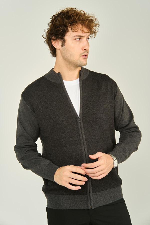 Ateş Triko Erkek Fermuarlı Cep Detaylı Hakim Yaka Yün Hırka 4491 Koyu Gri - Image 1