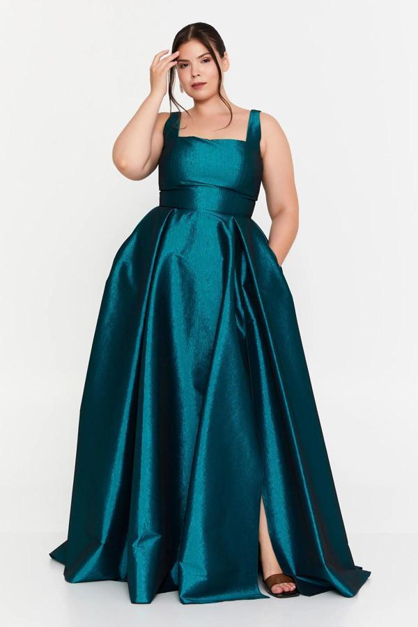 Şeref Vural Kadın Büyük Beden Kalın Askılı A Kesim Maxi Abiye Elbise 8391 Petrol - Image 1