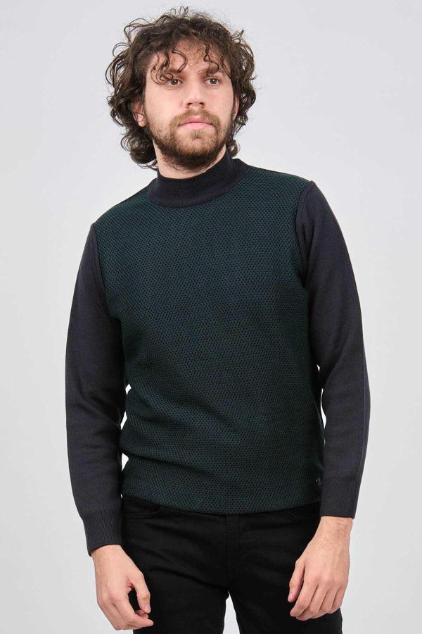 Çizgi Triko Erkek Yarım Balıkçı Yaka Desenli Kazak 42564229 Lacivert - Image 1