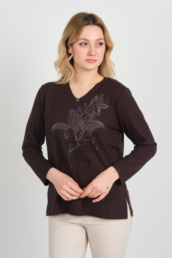 Detay Triko Kadın Önü Taş Süslemeli Yakası Boncuk Detaylı Uzun Kol Anne Bluz 5747 Kahverengi - Image 1