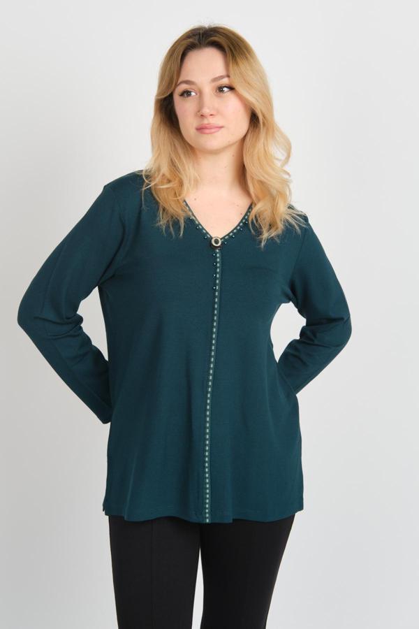 Detay Triko Kadın Boncuk İşlemeli Süs Düğme Detaylı Uzun Kol Anne Bluz 5752 Zümrüt - Image 1