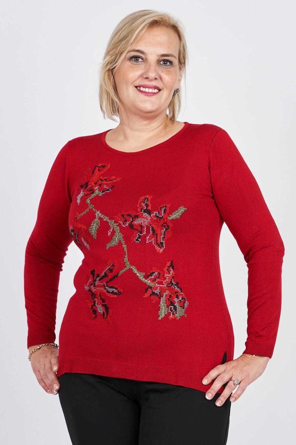 Flaş Triko Kadın Çiçekli Nakış Detaylı Bluz 3320806 Kırmızı - Image 1