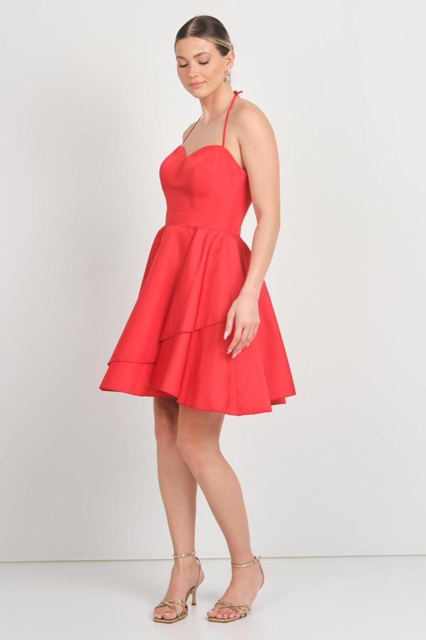 Saygın Kadın Boyundan Bağlamalı Kalp Yaka Mini Abiye Elbise 5621 Kırmızı - Image 1