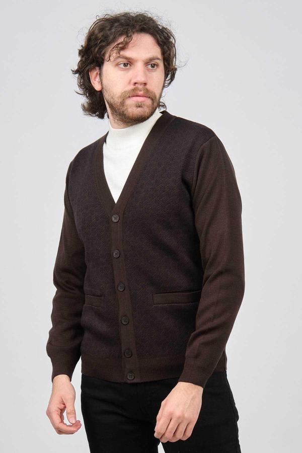 Ateş Triko Erkek Desenli Yün Hırka 6092090 Kahverengi - Image 1