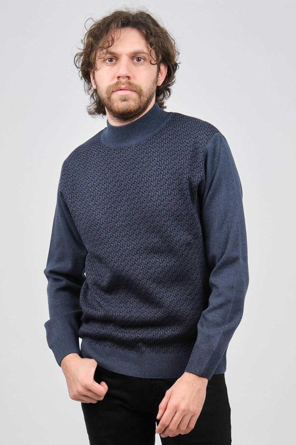 Ateş Triko Erkek Yarım Balıkçı Desenli Yün Kazak 60912086 Indigo - Image 1