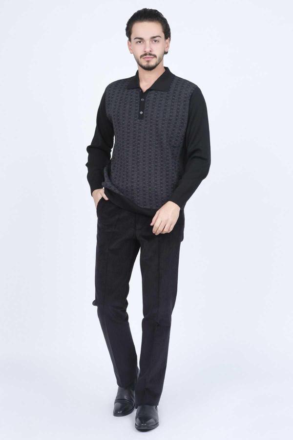 Ateş Triko Erkek Polo Yaka Desenli Yün Kazak 6092073 Siyah - Image 1
