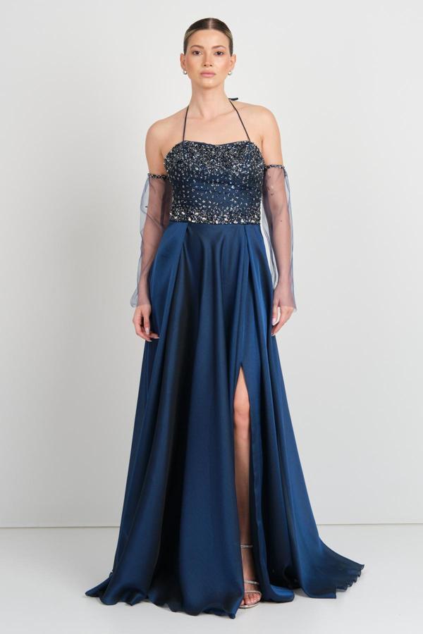 Saygın Kadın Boyundan Bağlamalı Seyyar Eldivenli Maxi Abiye Elbise 5641 Lacivert - Image 1