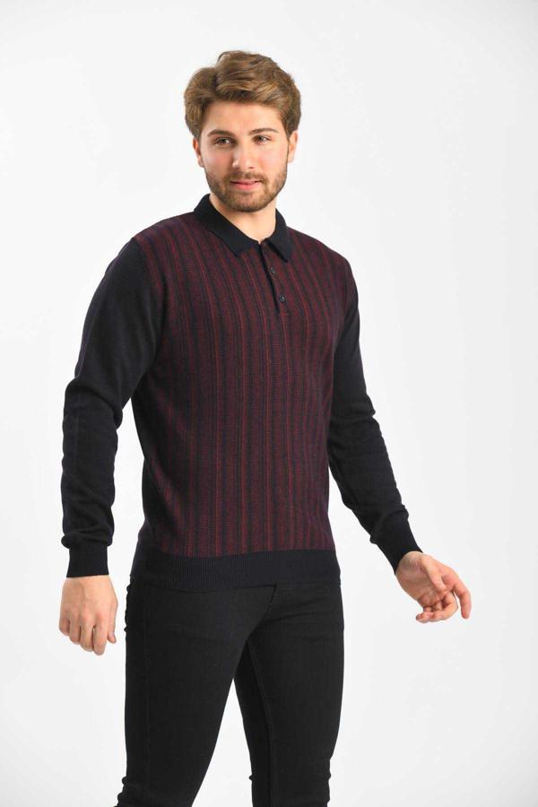 Çizgi Triko Erkek Polo Yaka Pamuklu Triko Kazak 4451F Lacivert - Image 1