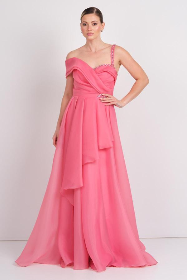 Saygın Kadın Tek Omuz Detaylı Şifon Kumaş Maxi Abiye Elbise 5614 Mercan - Image 1