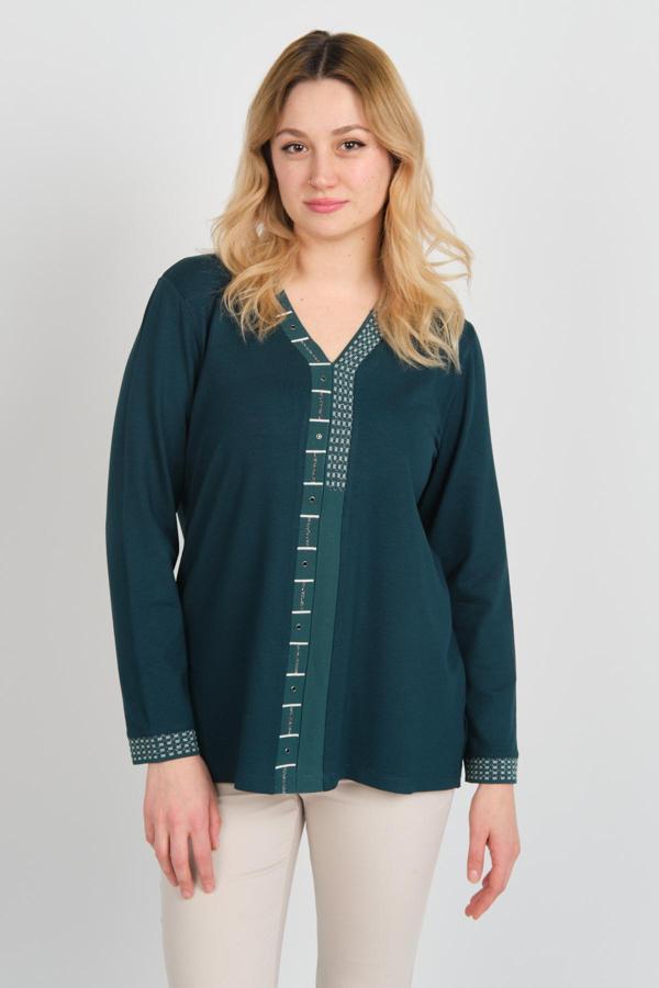 Detay Triko Kadın V Yaka Simli Kumaş ve Taş Detaylı Uzun Kol Anne Bluz 5710 Zümrüt - Image 1