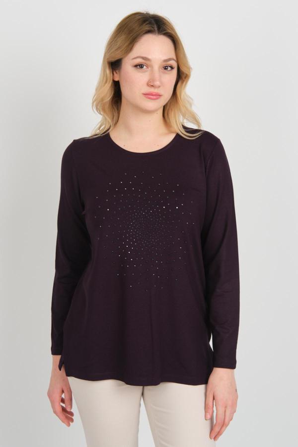 Detay Triko Kadın Yanları Yırtmaçlı Taş İşlemeli Uzun Kollu Anne Bluz 5703 Mürdüm - Image 1