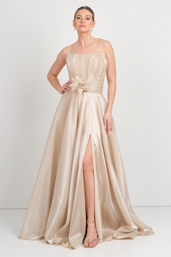 Mor Sposa Kadın Straplez Korsajlı Derin Yırtmaçlı Abiye Elbise 7688 Şampanya - Image 1