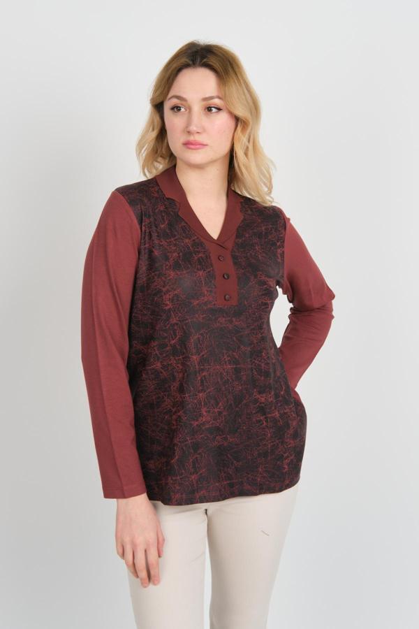 Detay Triko Kadın Desenli Süs Düğmeli Uzun Kollu Anne Bluz 2339 Bordo - Image 1