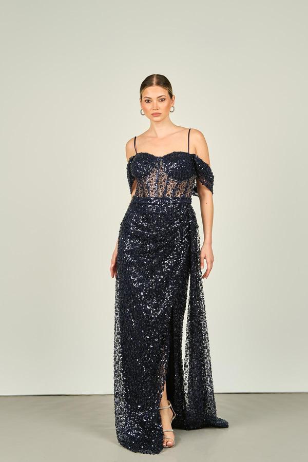 Saygın Kadın Askılı Üst Beden Transparan Full Taş ve Payet Detaylı Uzun Abiye Elbise 4606 Lacivert - Image 1