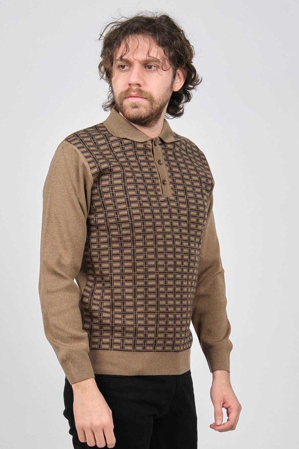 Ateş Triko Erkek Polo Yaka Desenli Yün Kazak 6092101 A.Kahve - Image 1