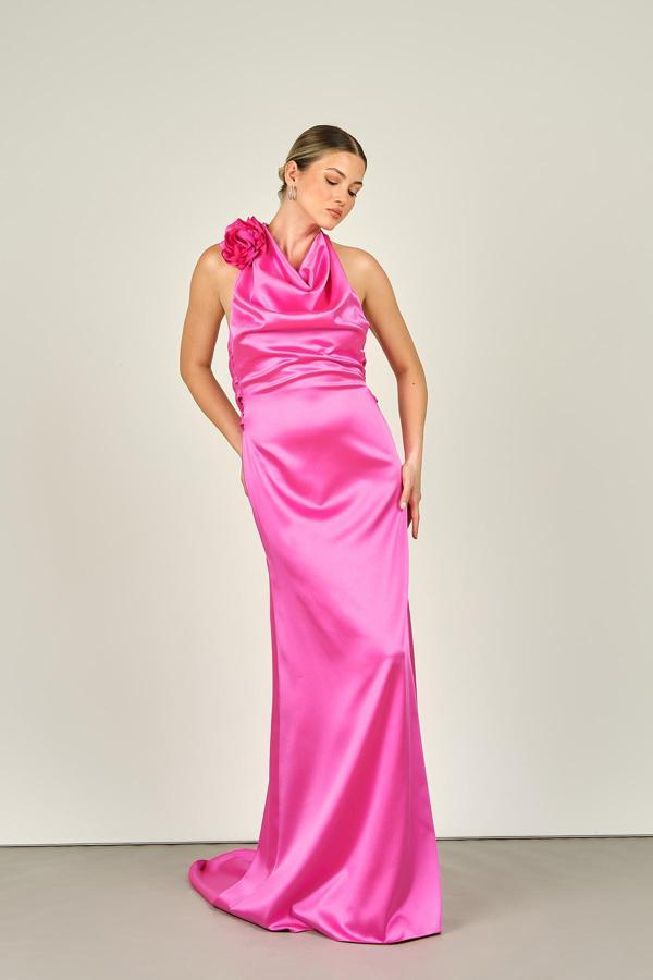 Degz Kadın Boyundan Bağlamalı Degaje Yaka Uzun Abiye Elbise 55425-01 Pembe - Image 1