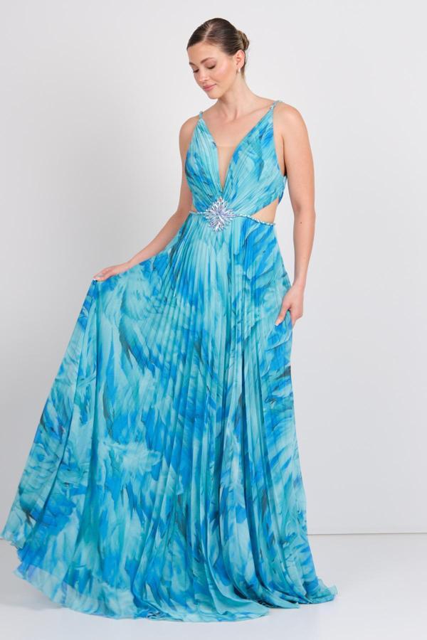 Ömür Inn Kadın Derin V Yakalı Desenli Pencere Detaylı Maxi Abiye Elbise 5512 Turkuaz - Image 1