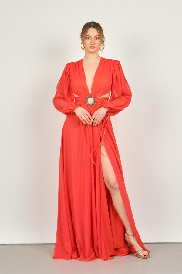 Şeref Vural Kadın Uzun Kollu Şifon Abiye Elbise 8135 Nar Çiçeği - Image 1