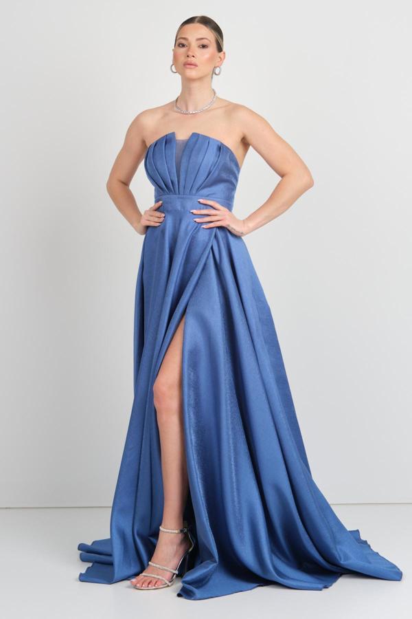 Hvit Vera Kadın Straplez Sırttan Çapraz Bağlamalı Maxi Boy Abiye Elbise 5703 Indigo - Image 1