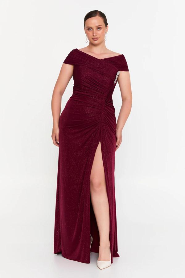 Şeref Vural Kadın Büyük Beden Simli Derin Yırtmaçlı Maxi Abiye Elbise 8210 Bordo - Image 1