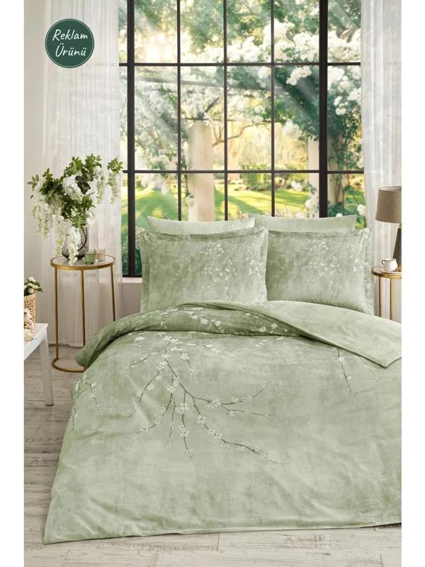 Özdilek Yeşil White Sakura Çift Kişilik Lastikli Çarşaf Nevresim Takımı 7220 - Image 1