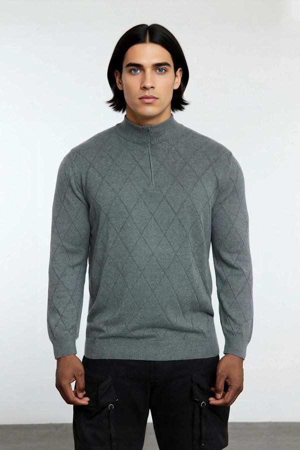 Erkek Gri Regular Fit Yarım Fermuarlı Dik Yaka Baklava Triko Kazak Kışlık Günlük Şıklık İçin - Image 1