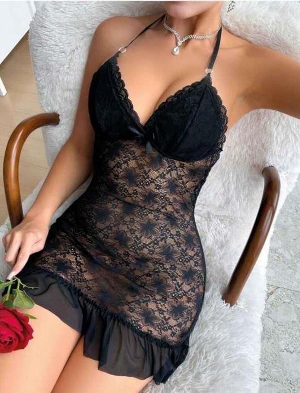 MDB MdbShop Siyah Dantel İşlemeli Boyundan Bağlamalı Likralı Fantezi Tül Gecelik - Image 1