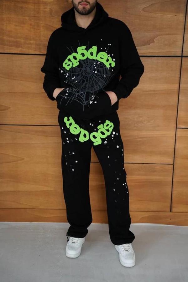 MDB Erkek Kapüşonlu Eşofman Takım Örümcek Ağı Ve Neon Yeşil Baskılı Kanguru Cepli Oversize Rahat Kal - Image 1