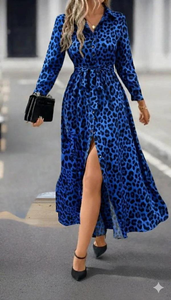 MDB Kadın Uzun Kollu Yakalı Belden Kuşaklı Leopar Desenli Modal Uzun Elbise - Image 1