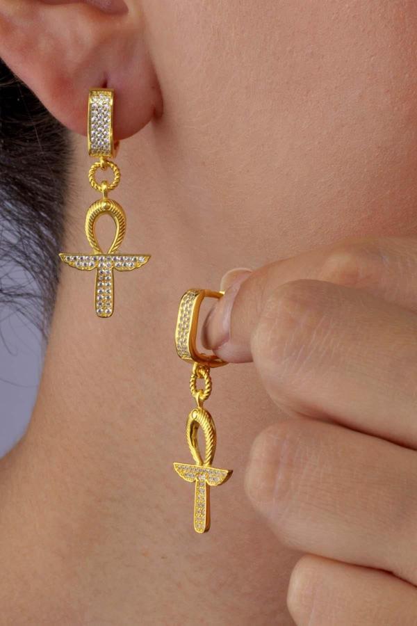 Gümüş Pazarım Altın Kaplama 925 Ayar Gümüş Ankh Sembol Küpe - Image 1