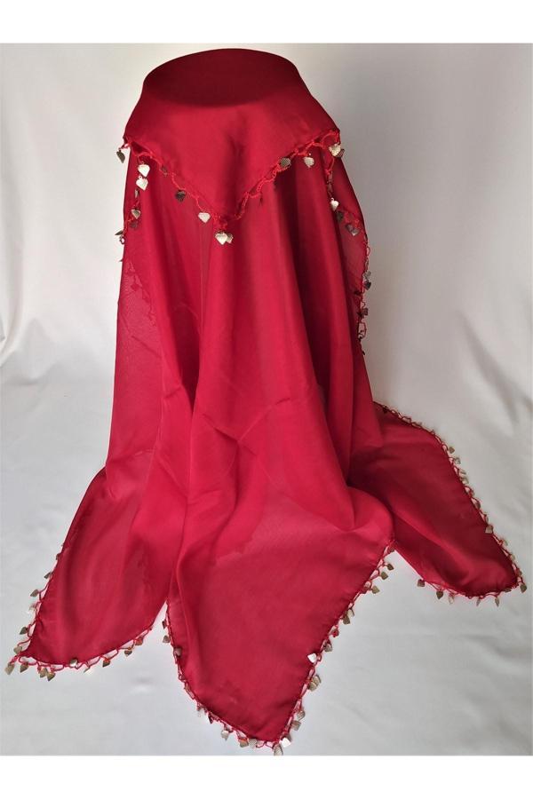 Bircan Hediyelik Kalpli Pullu Tığ Oyası Kırmızı Baş Örtüsü Eşarp Namaz Bezi - Image 1