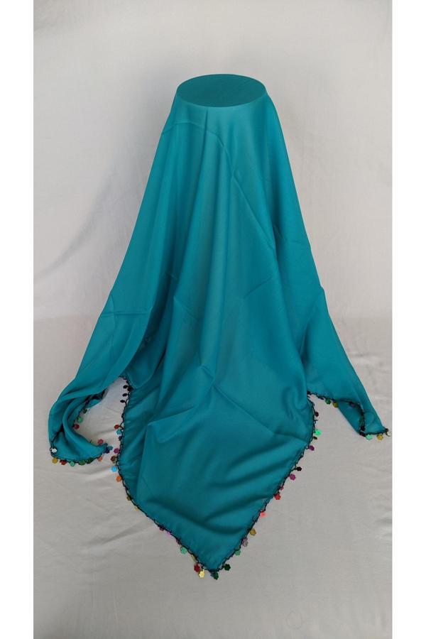 Bircan Hediyelik Renkli Pullu Tığ Oyası Petrol Yeşili Baş Örtüsü Eşarp Namaz Bezi - Image 1