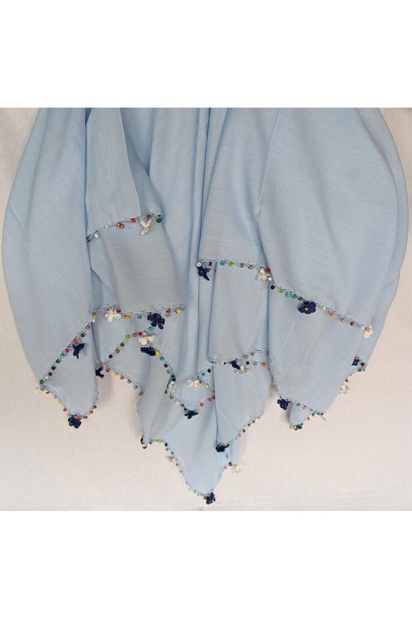 Bircan Hediyelik Lacivert Gül Oya Boncuklu Tığ Oyası Bebe Mavisi Baş Örtüsü Eşarp Namaz Bezi - Image 1