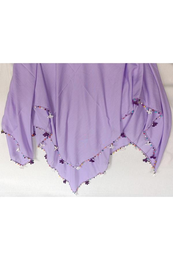 Bircan Hediyelik Mor Gül Oya Boncuklu Tığ Oyası Lila Baş Örtüsü Eşarp Namaz Bezi - Image 1