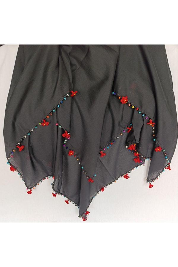 Bircan Hediyelik Kırmızı Gül Oya Boncuklu Tığ Oyası Siyah Baş Örtüsü Eşarp Namaz Bezi - Image 1