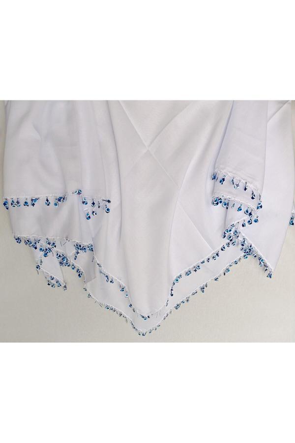 Bircan Hediyelik Nazar Pulu Tığ Oyası Beyaz  Baş Örtüsü Eşarp Namaz Bezi - Image 1