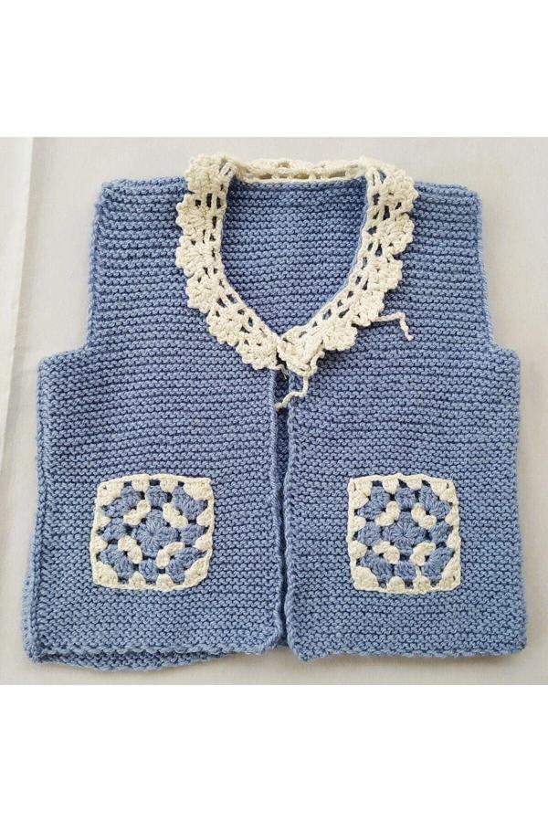Bircan Hediyelik Mavi El Örgüsü Robadan Bebek Yeleği 3 Yaş - Image 1