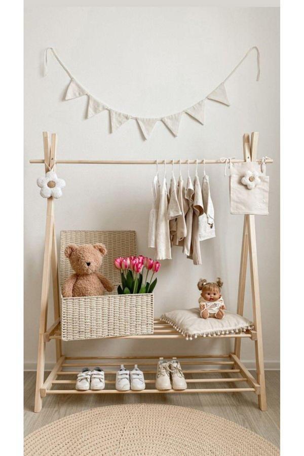 Akgül Ev Ve Bahçe Tekstil Mobilya Ahşap Askılık Kıyafet Askılığı Kıyafet Rafı Montessori Raf Askılık - Image 1