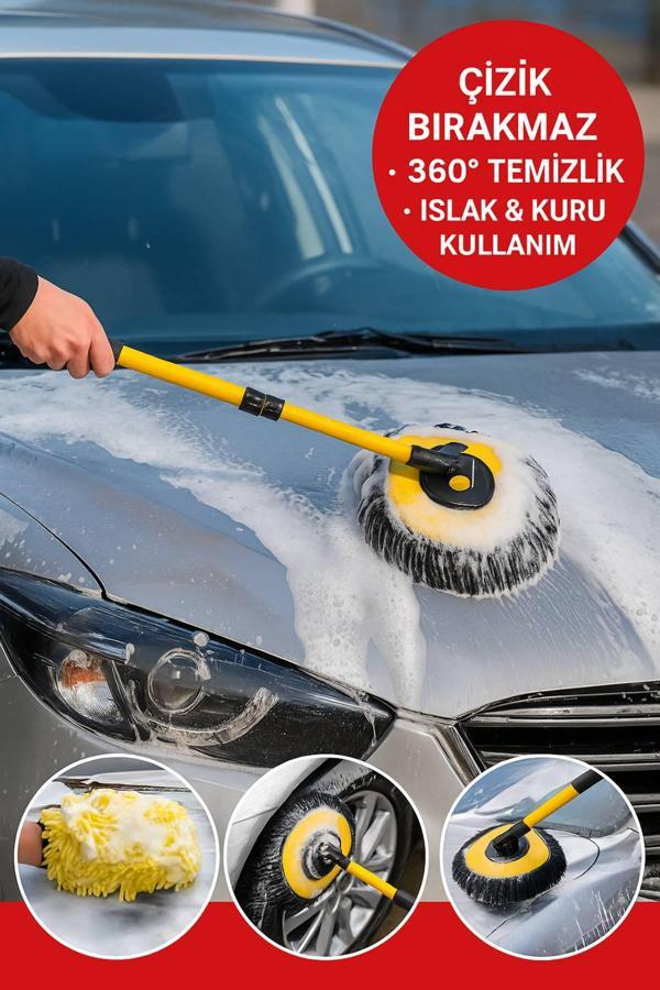 Teleskopik Saplı 3’lü Araç Yıkama Seti – 360° Döner Başlık, Mikrofiber ve Yumuşak Fırça Uçlu - Image 1