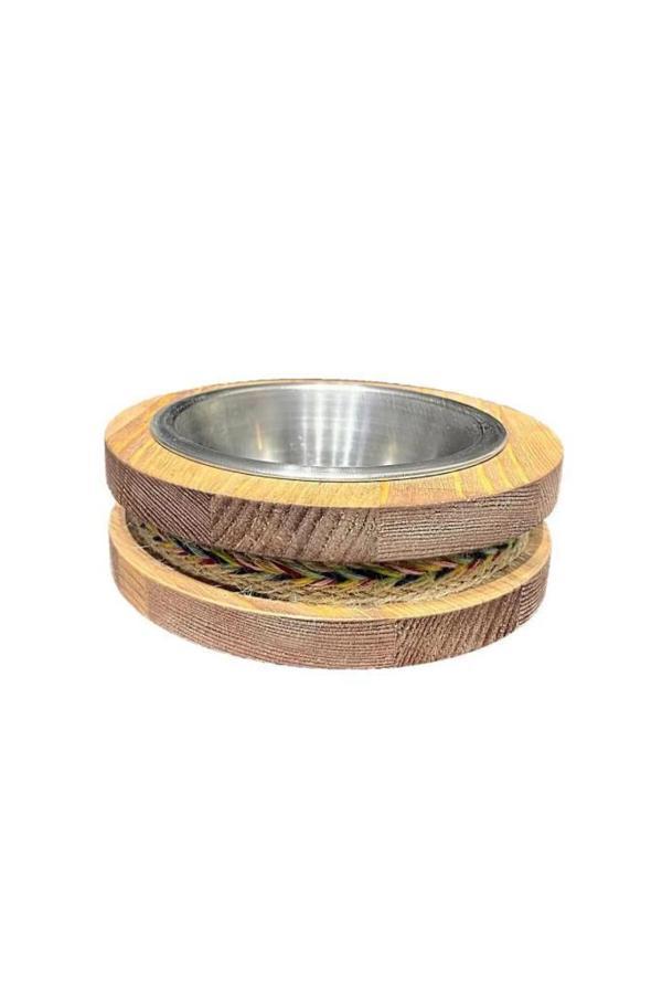 Fitline Tık Renkli Doğal Ahşap Çelik Kaseli Kaydırmaz Kedi Köpek Mama Kabı 18X18X5,4 Cm - Image 1