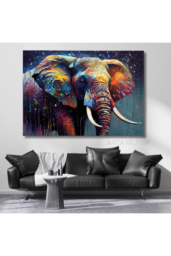 Yağlı Boya Görünümlü Renkli Fil Görseli Kanvas Tablo Salon Tablosu - Image 1